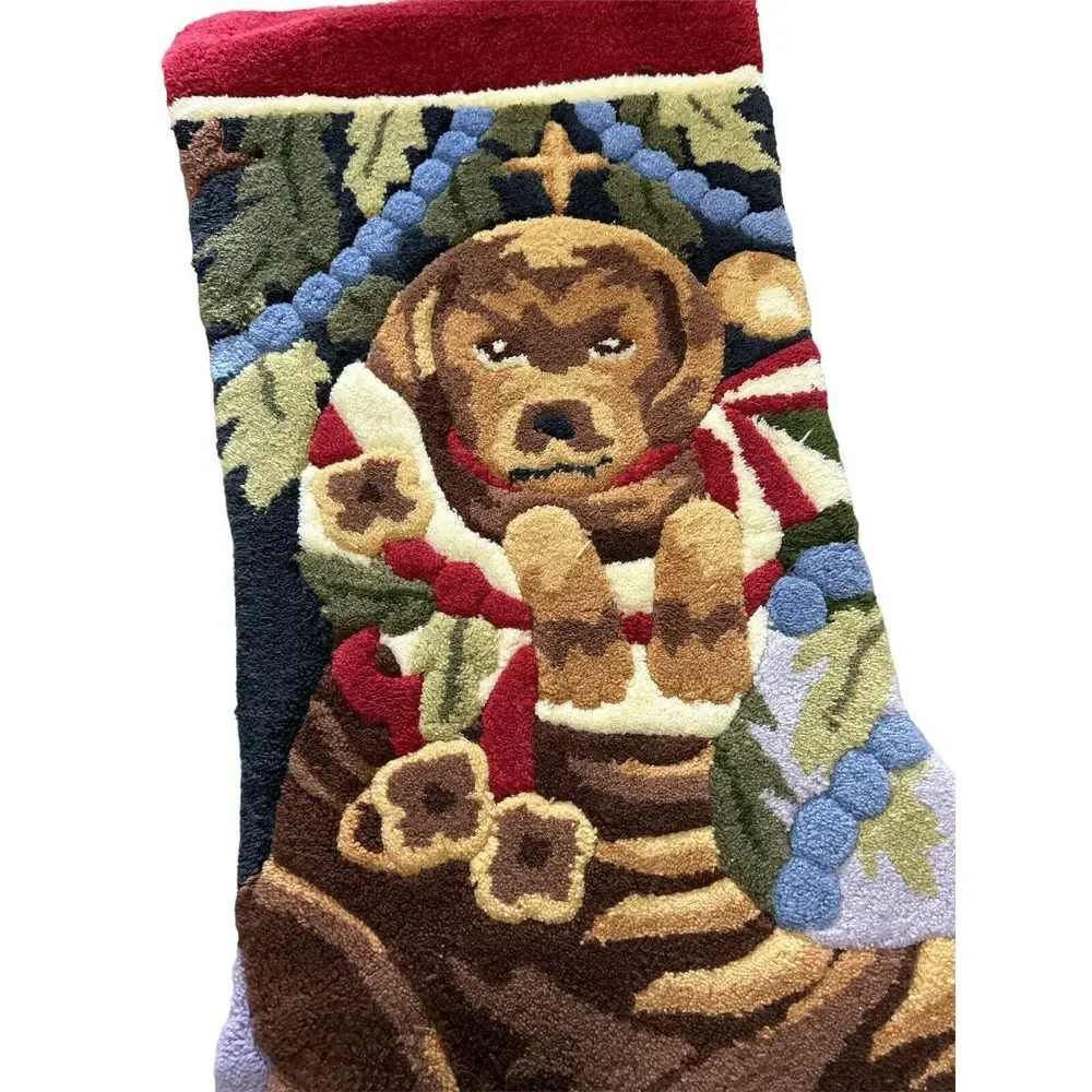 Vintage Finished Latch Hook Rug Wall Hanging Christmas Puppy Stocking Shaped EUC